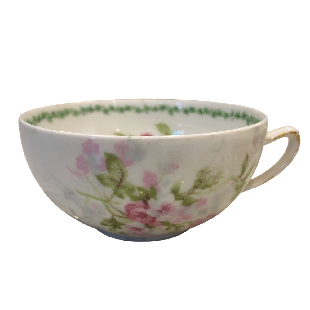 Limoges France Signed B & T Marked Tea Cup Pink Floral Green Gold Replacement